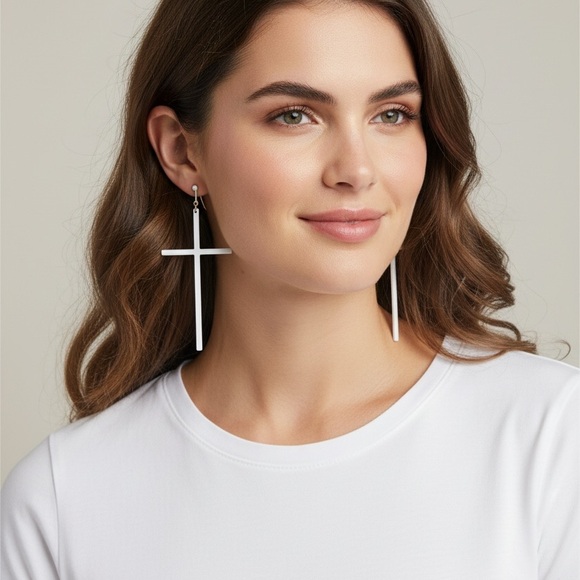 Jewelry - Modern White Cross Drop Earrings - Unbranded
